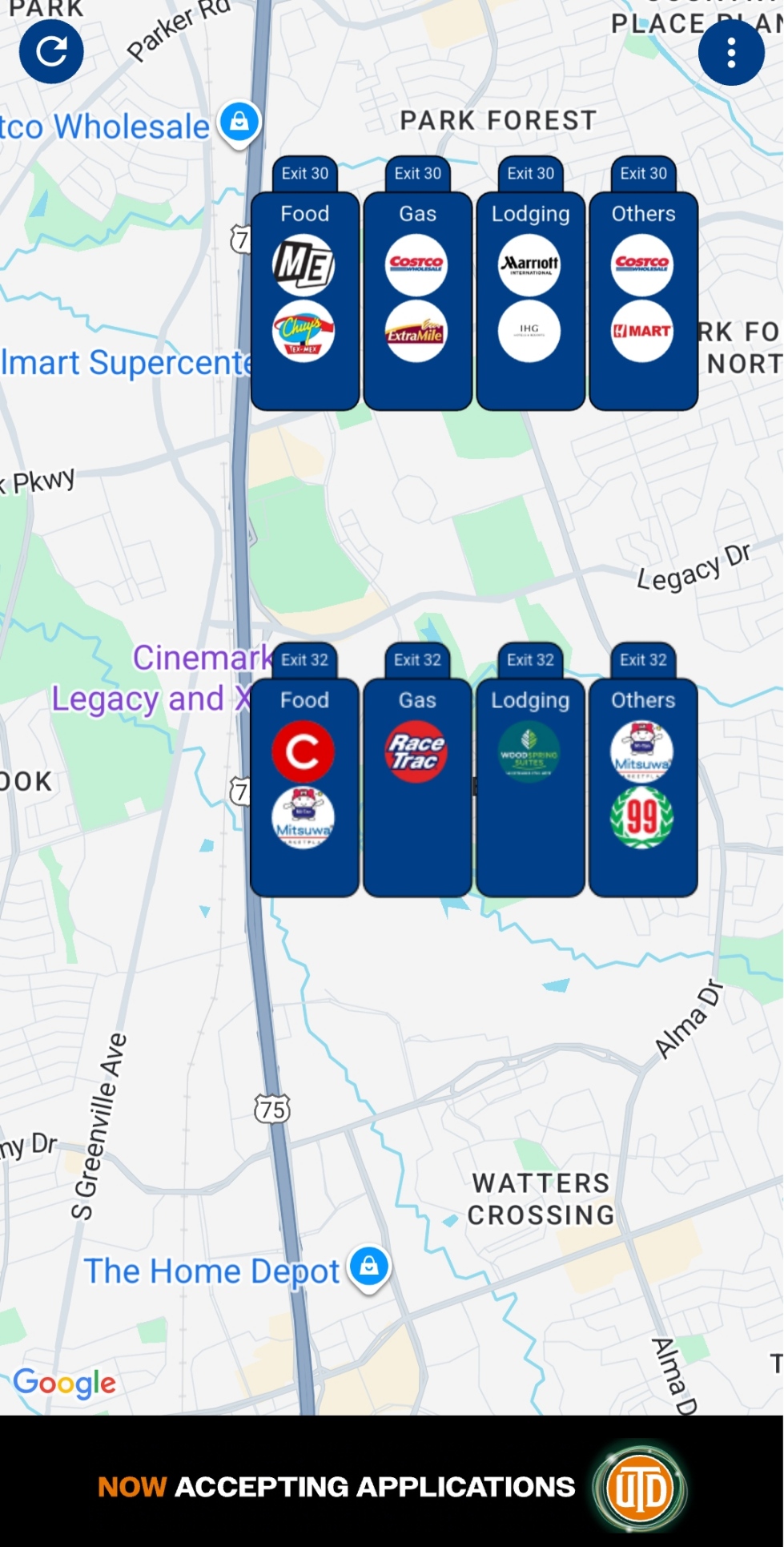 Exit Explorer showing upcoming exits on a highway map